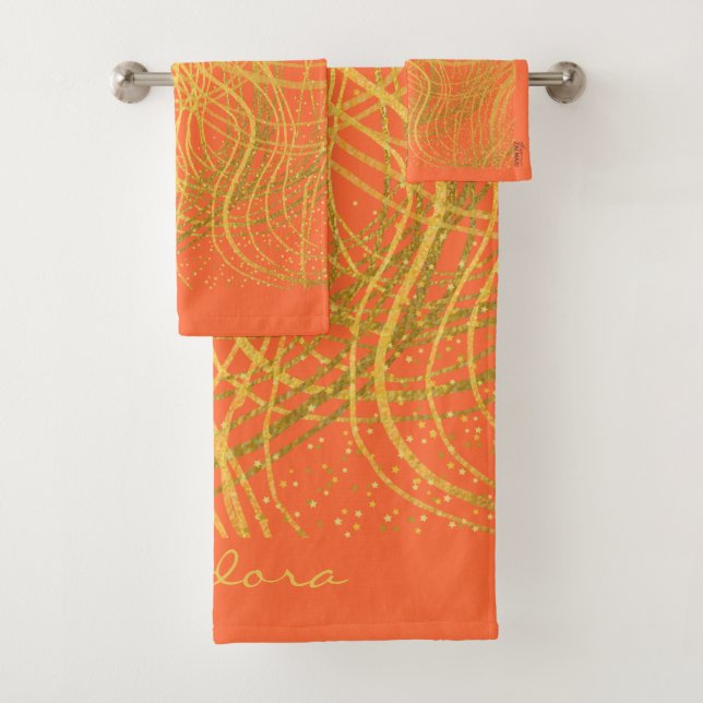 Chic Gold Orange Abstract Bath Towel Set (Insitu)