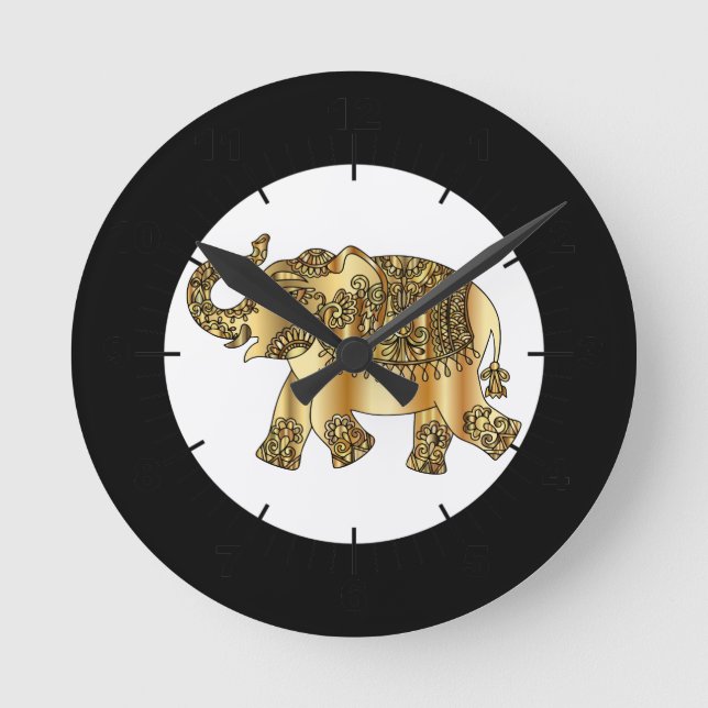 Chic Gold Paisley Floral Elephant, Round Clock (Front)