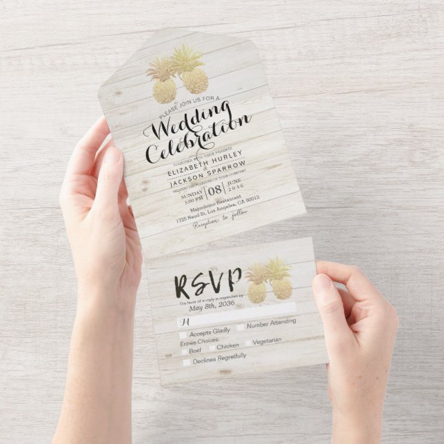 Chic Gold Pineapple Couple White Wood Wedding RSVP All In One Invitation (Tearaway)