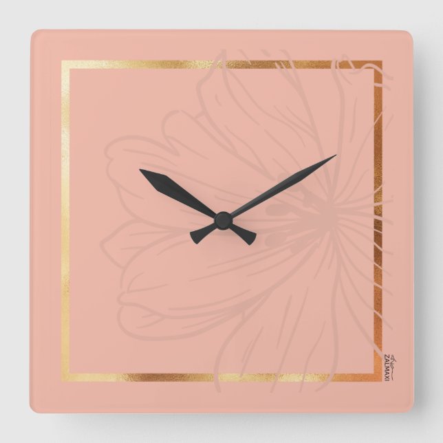 Chic Gold Pink Abstract Floral Frame Square Wall Clock (Front)
