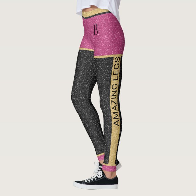 Chic Gold Pink Black Glitter Customisable Monogram Leggings (Left)