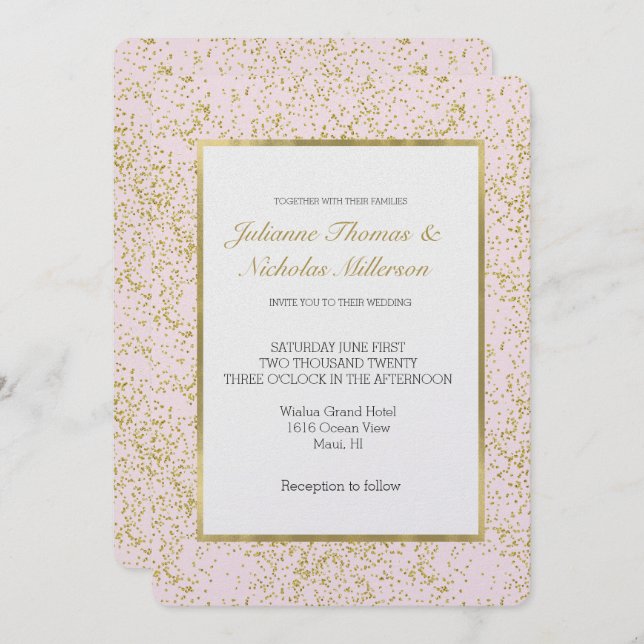 Chic Gold Pink Blush Confetti Sparkle Wedding Invitation (Front/Back)