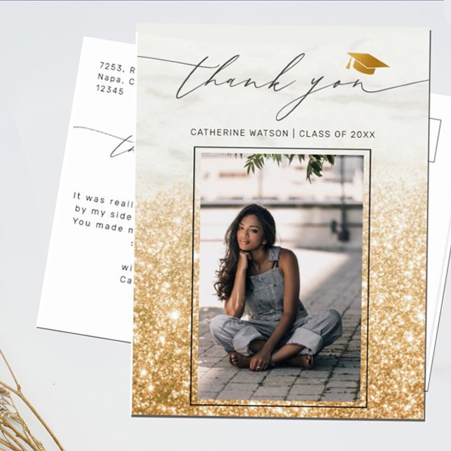 Chic Gold Pink Glitter Graduation Photo Thank You Postcard (Creator Uploaded)