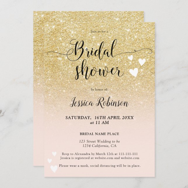 Chic gold pink hearts script chic bridal shower invitation (Front/Back)