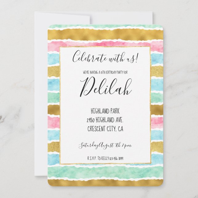 Chic Gold Pink Mint Blue Watercolor Stripes Invitation (Front)