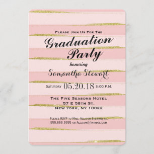Chic Gold Pink Stripes Graduation Party Invitation
