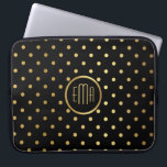 Chic Gold Polka Dots on Black with Monogram Laptop Sleeve<br><div class="desc">A chic computer sleeve for the fashion conscious, this design features a gold polka dots pattern over a contrasting black background with matching round frame and your custom monogram. Simply edit the sample text with your initials. The gold colours used in this design have subtle shading and highlighting to resemble...</div>