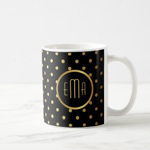 Chic Gold Polka Dots on Black with Your Monogram Coffee Mug