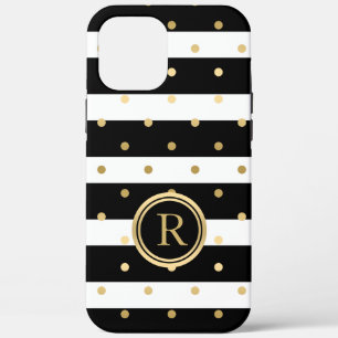 Chic Gold-Polka Dots With Black & White Stripes iPhone 12 Pro Max Case