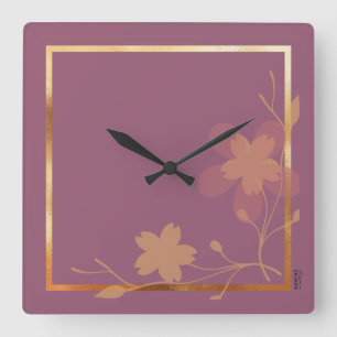 Chic Gold Purple Abstract Floral Frame Square Wall Clock