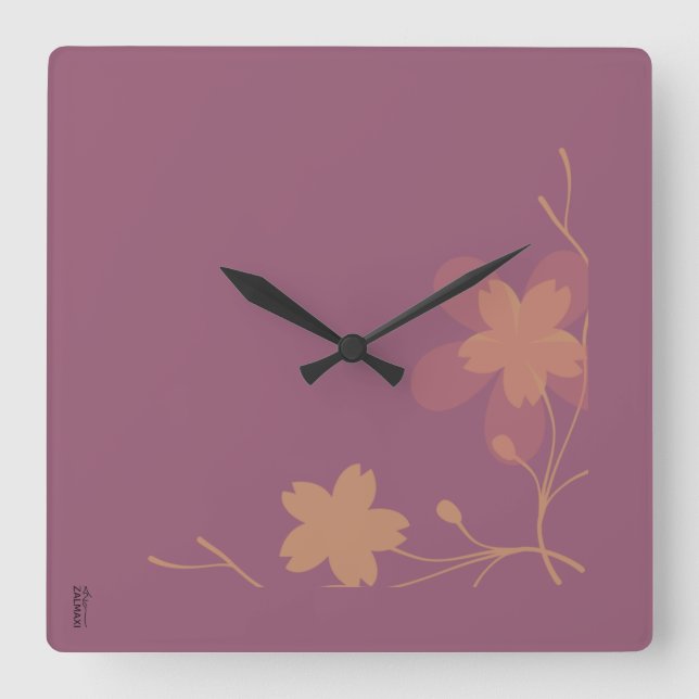 Chic Gold Purple Abstract Floral Square Wall Clock (Front)