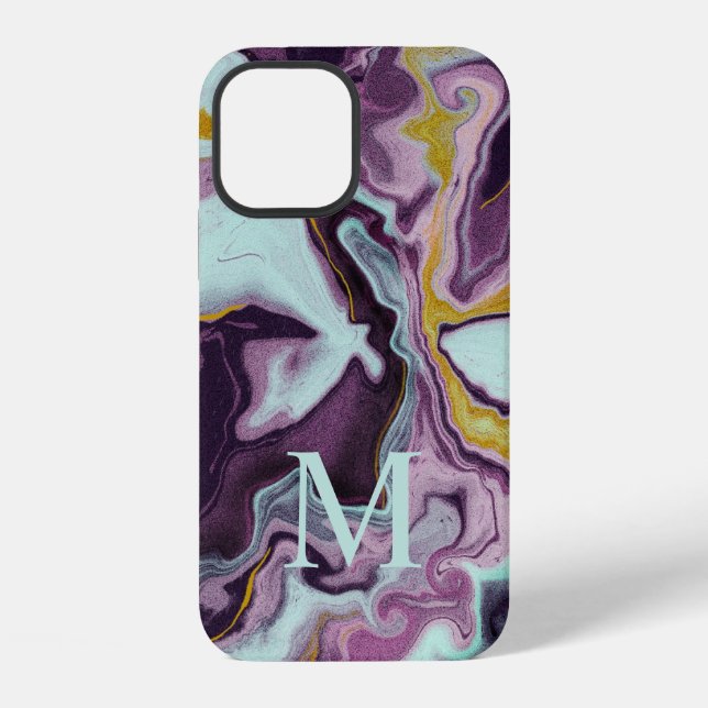Chic Gold Purple Marble Monogram iPhone Case (Back)