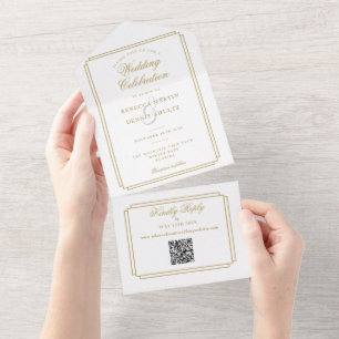 Chic Gold QR Code Art Deco Monogram Wedding All In One Invitation