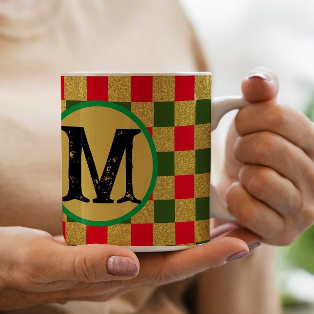 Chic Gold red & green Chequerboard Custom Monogram Coffee Mug (Creator Uploaded)