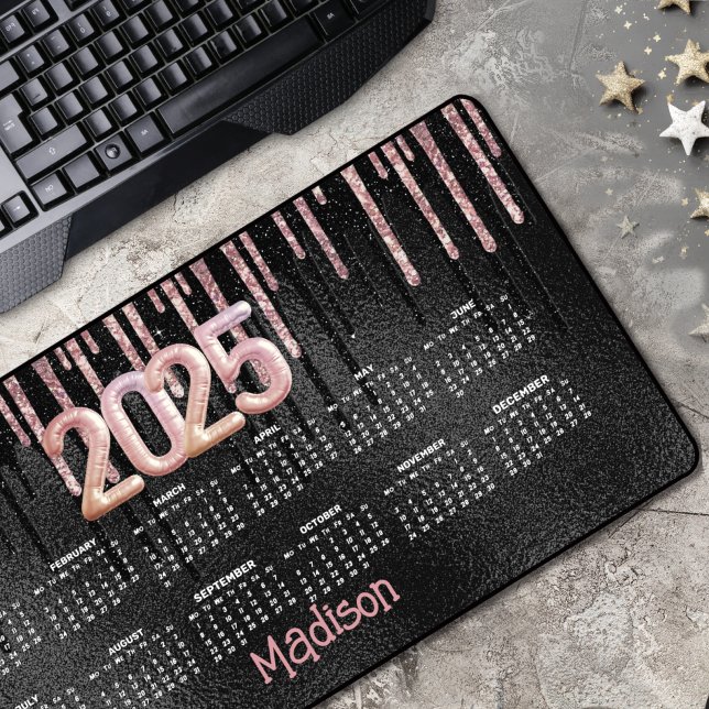 Chic gold rose black drips monogram 2025 calendar  desk mat (Creator Uploaded)