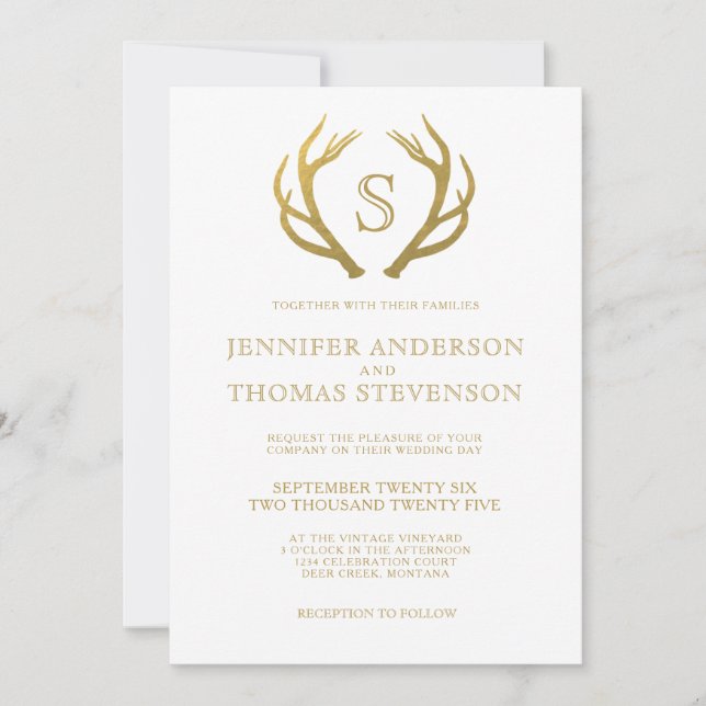 CHIC GOLD | RUSTIC DEER WEDDING MONOGRAM INVITATION (Front)