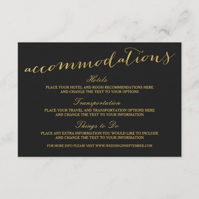 Chic Gold Script Accommodations Card (Front)