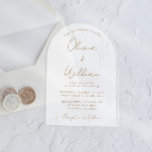 Chic Gold Script Arch Wedding Frosted Acrylic Invitations<br><div class="desc">Chic arch-shaped frosted acrylic wedding invitation featuring the names of the bride and groom in a gold calligraphy script and your wedding details in modern gold lettering. Adjust the size of of the script font in the design tool for longer or shorter names if desired.</div>