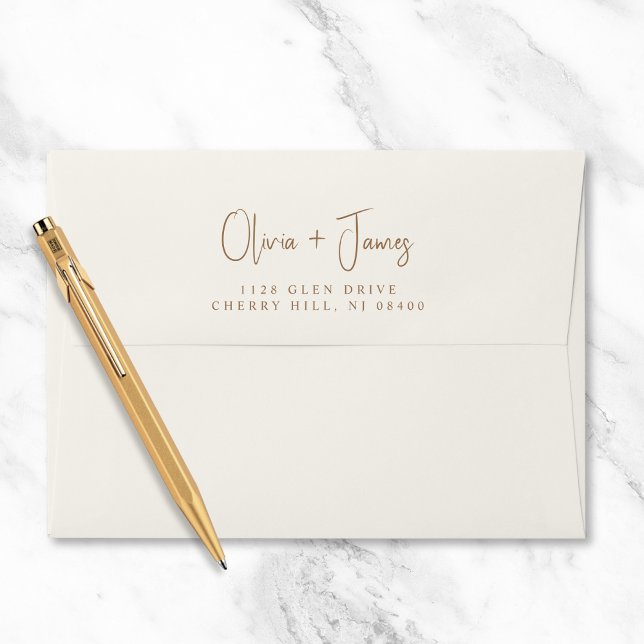 Chic Gold Script Cream Wedding Return Address Envelope (Creator Uploaded)