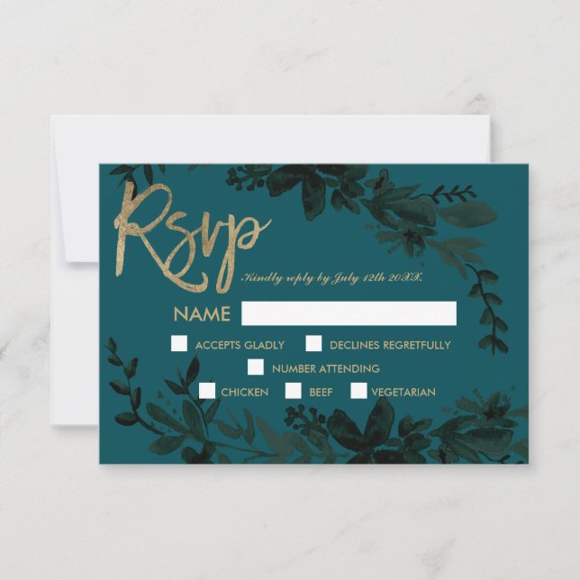 Chic gold script Floral dark green rsvp wedding (Front)