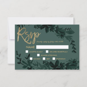 Chic gold script Floral elegant green rsvp wedding Card