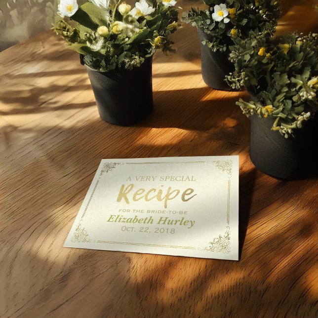 Chic Gold Script Floral Frame Bridal Shower Recipe Invitation Postcard (Creator Uploaded)