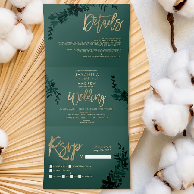 Chic gold script Floral green elegant wedding Tri-Fold Invitation (Creator Uploaded)