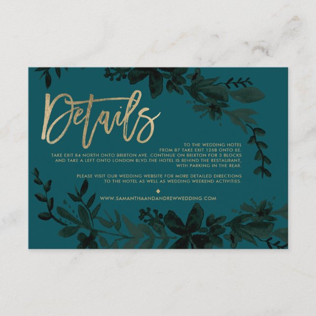 Chic gold script Floral greenwedding direction Enclosure Card (Front)
