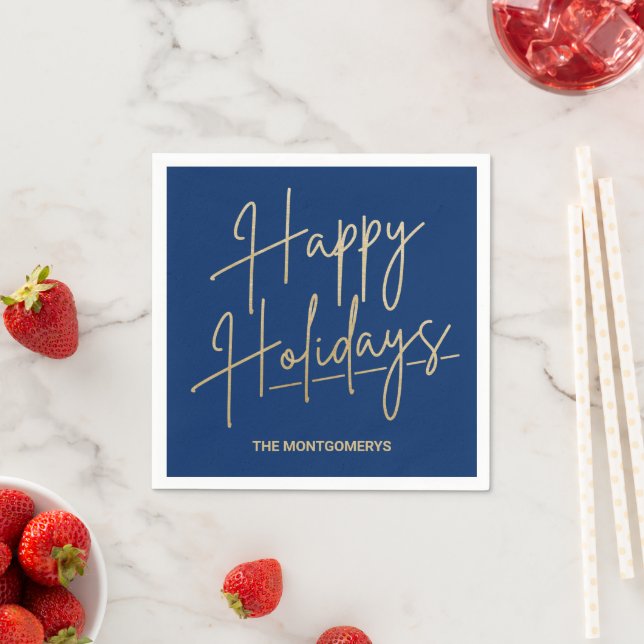 Chic Gold Script Happy Holidays Blue Napkin (Insitu)