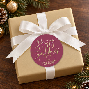 Chic Gold Script Happy Holidays Cranberry Classic Round Sticker