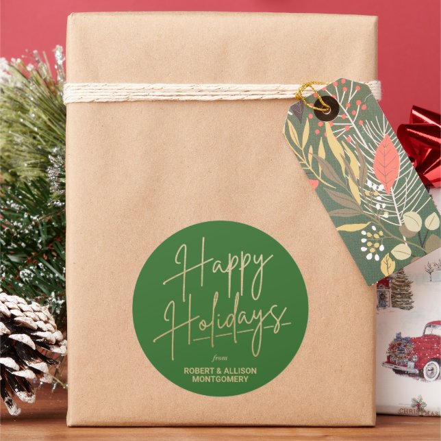 Chic Gold Script Happy Holidays Green Classic Round Sticker (Holiday)