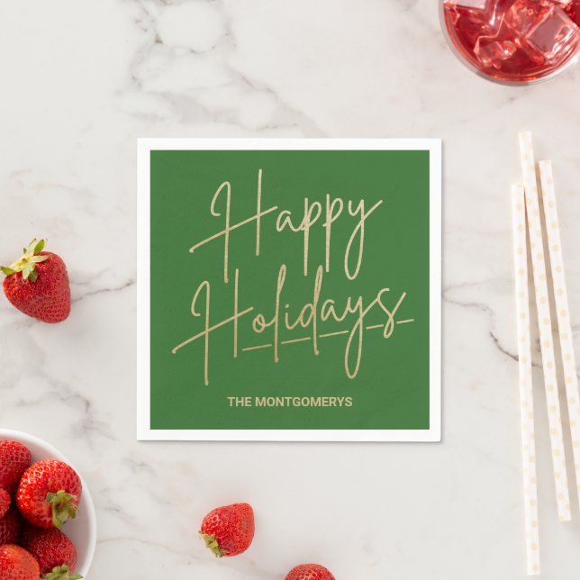 Chic Gold Script Happy Holidays Green Napkin (Insitu)