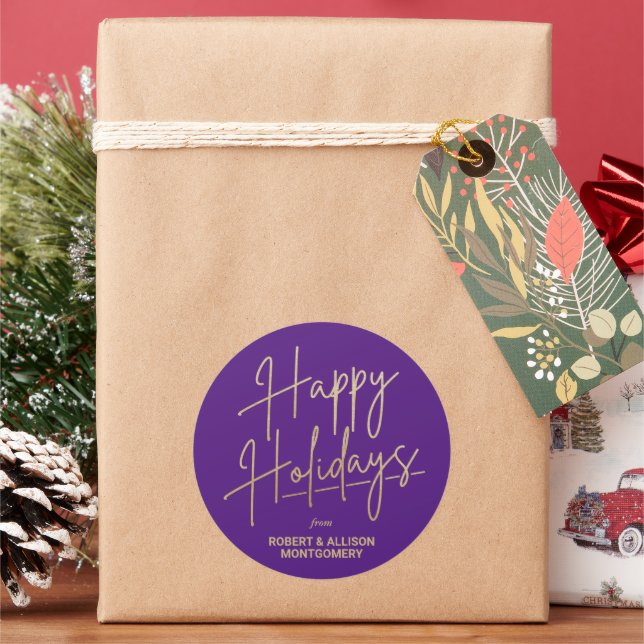 Chic Gold Script Happy Holidays Purple Classic Round Sticker (Holiday)