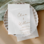 Chic Gold Script Minimalist Wedding Vellum Invitations<br><div class="desc">Chic vellum wedding invitation with a minimalist vibe featuring the names of the bride and groom in a gold calligraphy script and your wedding details in modern gold lettering. Adjust the size of of the script font in the design tool for longer or shorter names if desired. Pair it with...</div>