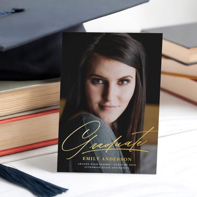 Chic Gold Script Photo Graduation Announcement (Creator Uploaded)