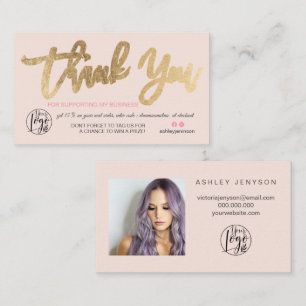 Chic gold script photo logo pink order thank you business card