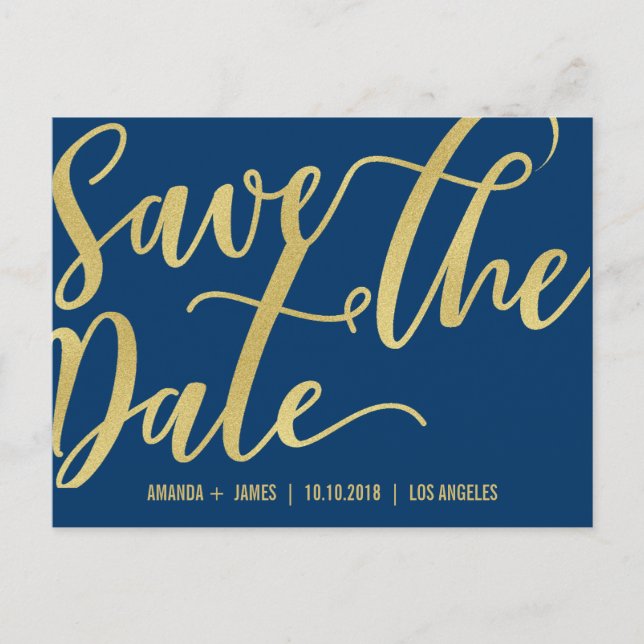 CHIC GOLD SCRIPT SAVE THE DATE ANNOUNCEMENT BLUE (Front)