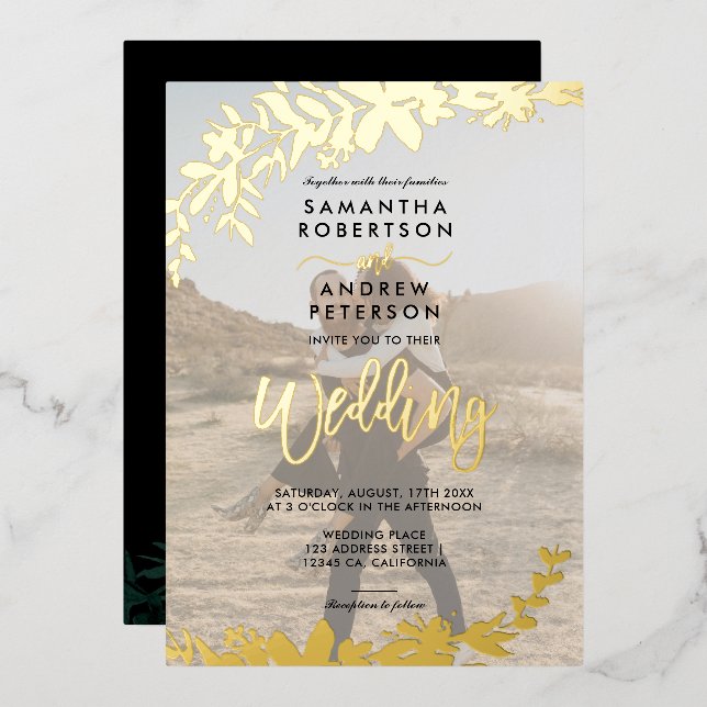 Chic  gold script typography Floral photo wedding (Front/Back)