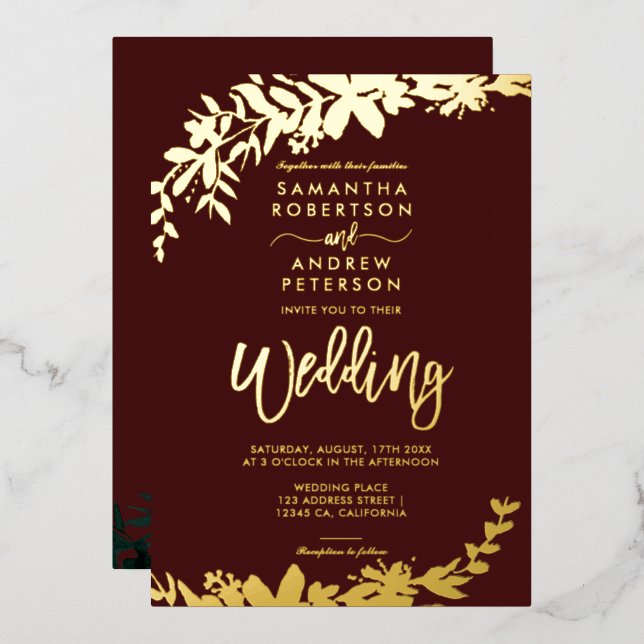 Chic gold script typography Floral red wedding (Front/Back)