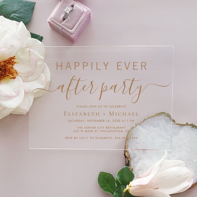 Chic Gold Script Wedding After Party Acrylic Invitations (Celebrate your Happily Ever After in style with our elegant acrylic wedding reception invitations)