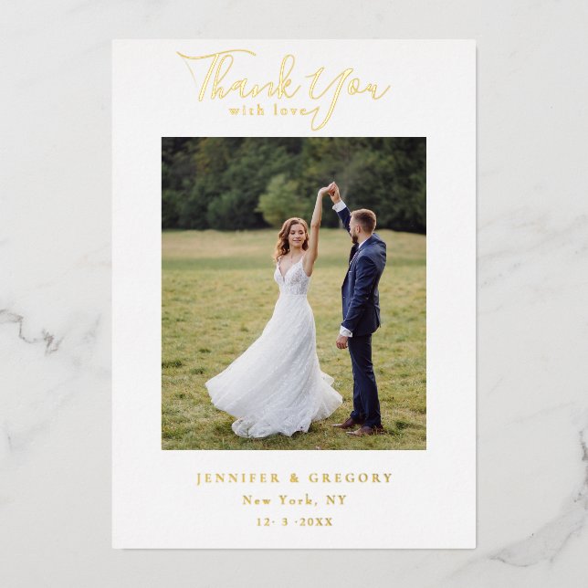Chic Gold Script Wedding Photo Thank You (Front)