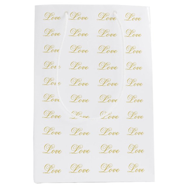 Chic Gold Script White Love Wedding Calligraphy Medium Gift Bag (Front)