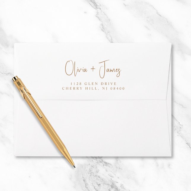 Chic Gold Script White Wedding Return Address Envelope (Creator Uploaded)