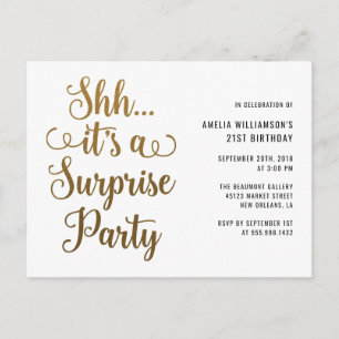Chic Gold Shh... It's a Surprise Party Typography Invitation Postcard