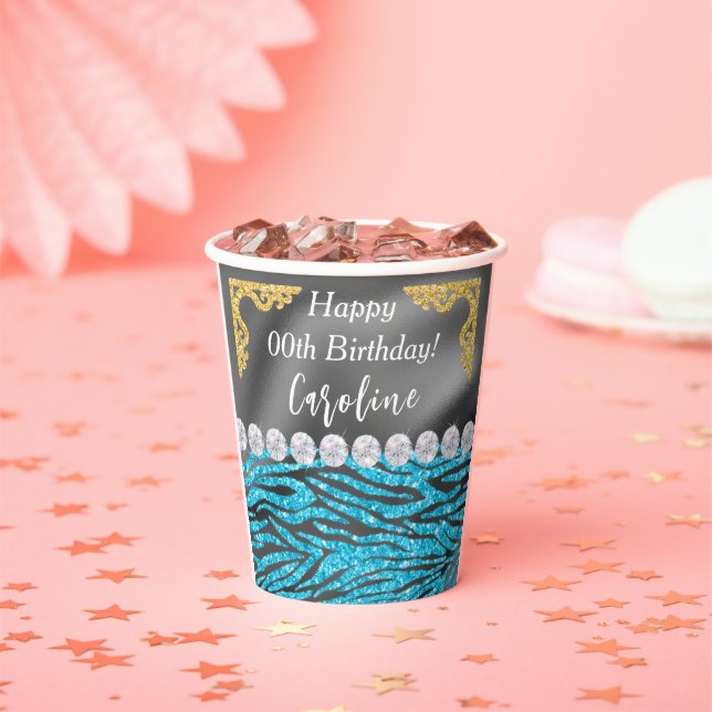 Chic Gold Silver Foil Blue Zebra Print Birthday Paper Cups (Insitu)