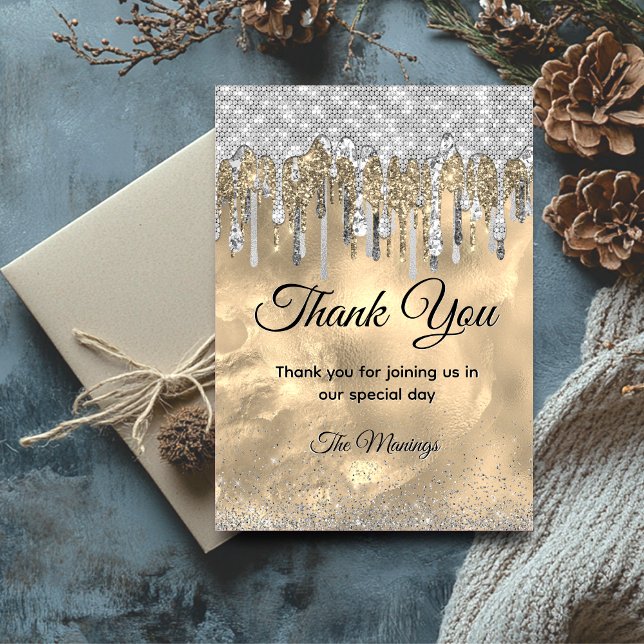 Chic gold silver glitter drips Thank you  Card (Creator Uploaded)