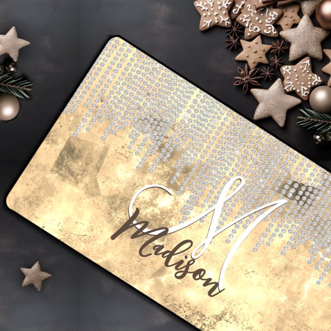 Chic gold silver rhinestone drips monogram desk mat (Creator Uploaded)