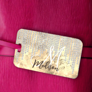 Chic gold silver rhinestone drips monogram luggage tag