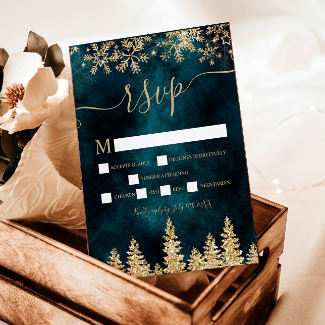 Chic gold snow pine green Christmas winter rsvp Card (Chic gold snow pine green Christmas winter rsvp)
