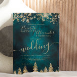 Chic gold snow pine green Christmas winter wedding Invitation<br><div class="desc">Time to celebrate your winter wonderland wedding theme with this luxury yellow gold glitter snowflakes sparkles and rose gold glitter pine tree forest on an elegant festive emerald green watercolor background,  featuring a modern cool script font typography.</div>